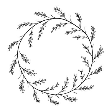 Vektör çizimi. Yaprak gibi detayları olan dairesel botanik çelenk, minimal siyah ve beyaz tasarım..