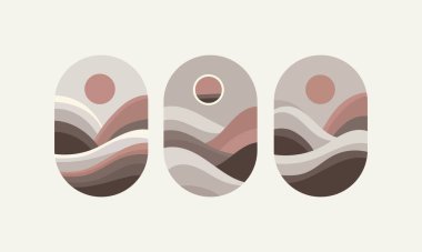 Vektör çizimi. Şehrin silueti, arka planında pembe bir güneş olan pürüzsüz çizgiler gibi görünüyor. Pastel dekor bir huzur ve uyum yaratıyor..