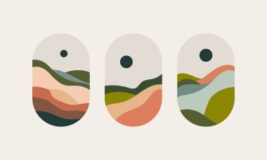 Bej, yeşil, kahverengi tonlarda düz çizgileri olan soyut manzaralar. Aksan olarak güneş ya da çember.