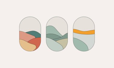 Geometrik şekilleri ve yumuşak doğal renkleri olan, minimalist, soyut manzara tasarımları koleksiyonu. Posterler, markalar ve şık dekorlar için uygun..