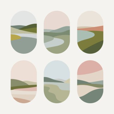 Yuvarlanan tepeler, nehirler ve yumuşak toprak tonlarıyla geniş bir soyut manzara çizimi. Modern posterler, dijital sanat ve şık ev dekorları için mükemmel..