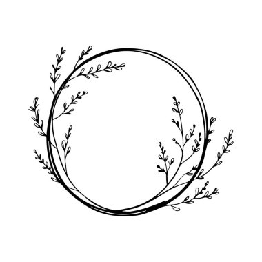 Detaylı çiçek unsurları olan zarif çizilmiş dairesel botanik bir çerçeve. Markalaşma, ambalaj ve düğün davetiyeleri için harika..