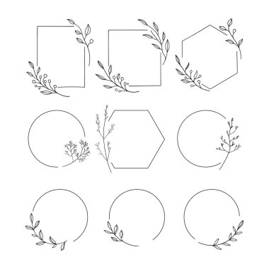 Minimalist botanik elementlere sahip bir dizi geometrik çerçeve zarif markalaşma, düğün kırtasiyesi ve davetiyeler için mükemmel..