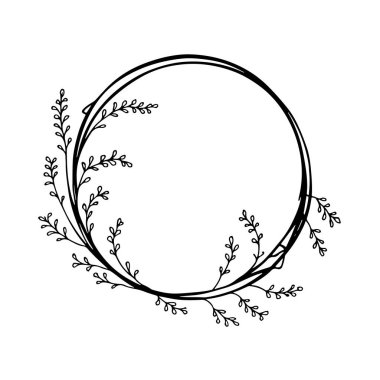 Vektör çizimi. Basit ama zarif dairesel bir botanik çerçeve. Logo tasarımı, davetiyeler ve markalaşma projeleri için mükemmel..
