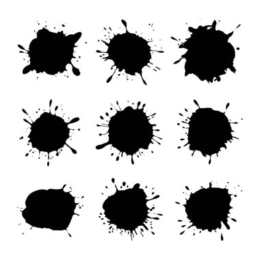Vektör çizimi. Kaba dokulara sahip ızgara benzeri bir yapıda düzenlenmiş siyah mürekkep koleksiyonu.