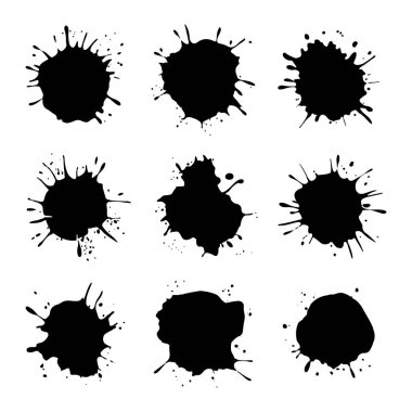 Vektör çizimi. Kaba dokulara sahip ızgara benzeri bir yapıda düzenlenmiş siyah mürekkep koleksiyonu.