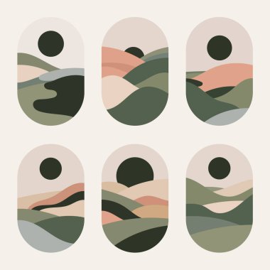 Kavisli ve katmanlı elementlerin yer aldığı bir dizi soyut geometrik manzara. Modern sanat eserleri, posterler ve yaratıcı arka planlar için ideal..