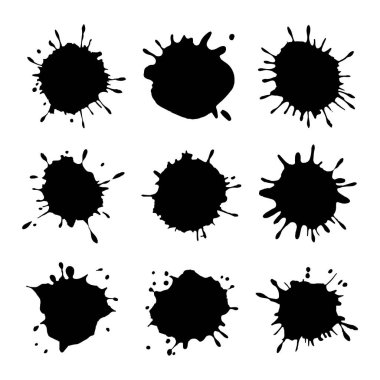 Vektör çizimi. Kaba dokulara sahip ızgara benzeri bir yapıda düzenlenmiş siyah mürekkep koleksiyonu.