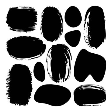 Sert desenli ve organik şekilli siyah mürekkep fırçası darbeleri koleksiyonu. Arkaplan, dijital sanat ve modern tasarım için mükemmel..