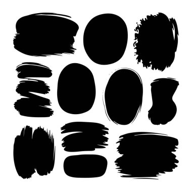 Vektör çizimi. Sanatsal fırça darbeleriyle siyah mürekkep lekeleri koleksiyonu. Arkaplan, grafik tasarım ve kolaj için mükemmel..