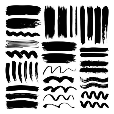 Vektör çizimi. Bir dizi kalın ve desenli mürekkep fırçası darbeleri. Yaratıcı projeler, tipografi ve sanatsal kompozisyonlar için ideal.