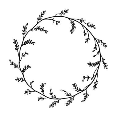 Detaylı botanik unsurları olan zarif bir el yapımı çiçek çelengi. Davetiyeler, marka ve dekoratif kullanım için mükemmel..