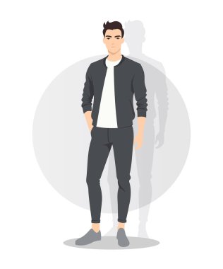 Parlak siyah spor eşofman giymiş genç bir adam. Fermuarlı ceket ve ince koşucular da dahil. Kendine güveni ve rahat duruşu bu kıyafeti aktif, şık ve şehirli biri için mükemmel kılıyor.