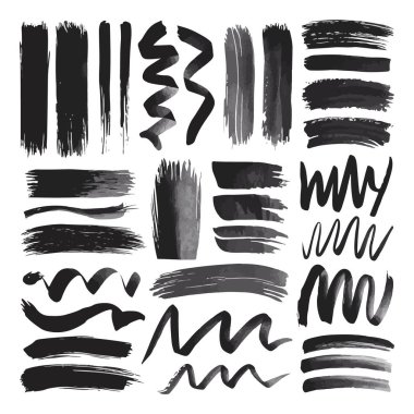 Farklı genişlik ve şekillerde çeşitli mürekkep fırçası darbelerinden oluşan bir koleksiyon. Posterler, markalar ve sanatsal arka planlar için uygun..