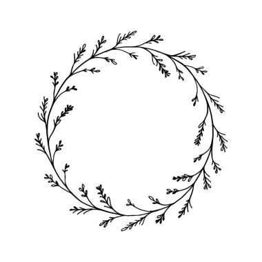 Detaylı botanik unsurları olan zarif bir el yapımı çiçek çelengi. Davetiyeler, marka ve dekoratif kullanım için mükemmel..