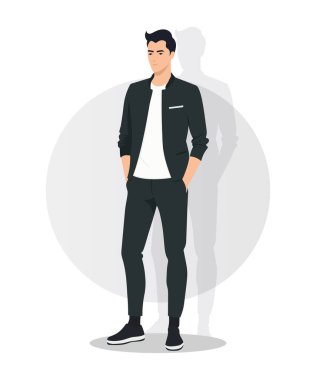 Siyah ceketli, koyu renk pantolonlu, minimalist bluzlu, zamansız zarafet saçan ve kendine güvenen sofistike bir adam..