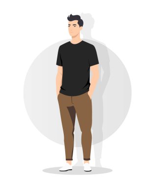 Siyah tişört, haki pantolon ve spor ayakkabı giymiş şık ve modern bir genç adam havalı ve günlük moda anlayışını sergiliyor..