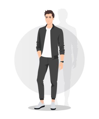 Siyah beyaz spor ayakkabılı şık bir genç adam. Günlük kıyafetleri ve spor kıyafetleri karıştırıyor. Şehir ve sokak giyimi kavramları için uygun dinamik ve modaya uygun bir vektör çizimi.