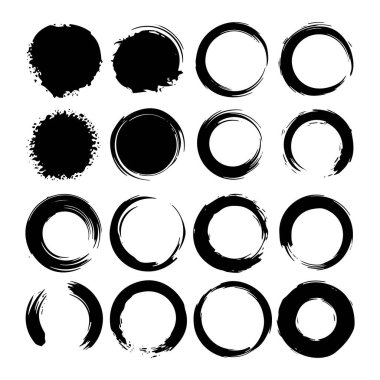 Vektör çizimi. Grunge etkisi olan kalın mürekkep çemberleri. Modern tasarım, logolar ve tipografi için mükemmel..