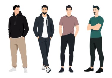 İllüstrasyon modern sokak modasını ve kendine güvenen bir görünümü temsil ediyor. Moda blogları, dergiler ve giyim markaları için ideal..
