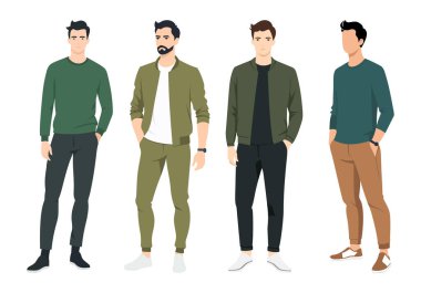 Giysiler arasında ceketler, gömlekler ve günlük pantolonlar, modaya uygun ve modern bir görünüm yaratıyor. Moda dergileri, stil rehberleri ve erkek giyim markaları için mükemmel..