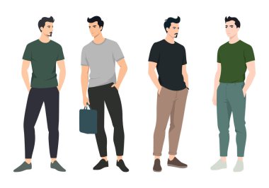 İllüstrasyon, basit ve şık kıyafet seçimleriyle modern erkek modasını temsil ediyor. Moda blogları, giyim markaları ve tarz ilhamı için uygun.