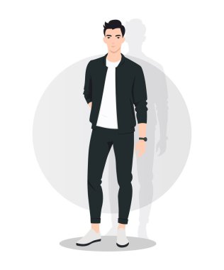 Siyah spor giysili, fermuarlı ceket ve eşleşen eşofman altı da dahil olmak üzere şık genç bir adam..