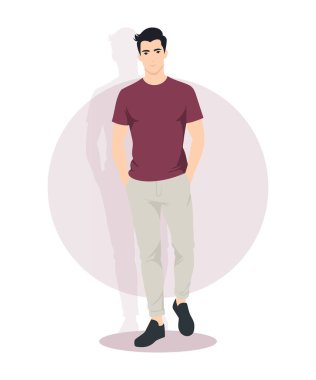 Şık bir genç adam, bordo tişörtlü ve bej pantolonlu rahat duruşu olan, sıradan moda eğilimlerini somutlaştıran. Bu vektör çizimi yaşam tarzı, modern erkek giyim ve günlük kıyafet için mükemmeldir.