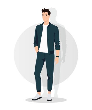 İyi giyimli lacivert takım elbiseli genç bir adam gündelik beyaz spor ayakkabılarla eşleştirilmiş, modern bir moda anlayışını temsil ediyor. Kendine güveni onu zarif bir model haline getiriyor.