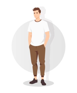 Rahat duruşu güven ve sadelik taşır, bu tasviri moda, yaşam tarzı ve günlük erkek giyim kavramları için ideal kılar..