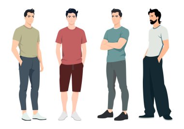 Yaz Erkekleri Kıyafet Koleksiyonu. İllüstrasyonda, tatil, boş zaman ve açık hava ortamları için ideal konforlu ve rahat bir hava stili vurgulanıyor..