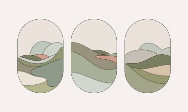 Yumuşak renklere ve detaylı organik formlara sahip soyut manzaraları tasvir eden modern vektör çizimlerinin bir derlemesi. Parmak izleri, arka planlar ve dekoratif öğeler için harika..