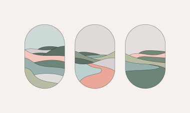 Yumuşak renklere ve detaylı organik formlara sahip soyut manzaraları tasvir eden modern vektör çizimlerinin bir derlemesi. Parmak izleri, arka planlar ve dekoratif öğeler için harika..