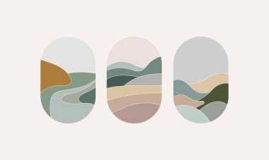 Yumuşak toprak tonlarına sahip soyut manzaralar içeren bir dizi asgari vektör çizimleri. Posterler, duvar resimleri ve dijital baskılar için mükemmel..