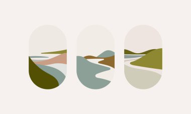 Yumuşak toprak tonlarına sahip soyut manzaralar içeren bir dizi asgari vektör çizimleri. Posterler, duvar resimleri ve dijital baskılar için mükemmel..