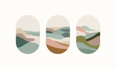 Yumuşak toprak tonlarına sahip soyut manzaralar içeren bir dizi asgari vektör çizimleri. Posterler, duvar resimleri ve dijital baskılar için mükemmel..