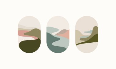 Yumuşak toprak tonlarına sahip soyut manzaralar içeren bir dizi asgari vektör çizimleri. Posterler, duvar resimleri ve dijital baskılar için mükemmel..