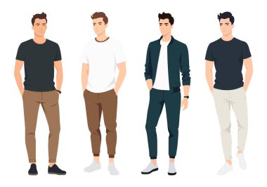 Görünüşte tişörtler, kot pantolonlar ve açık renk ceketler var. Günlük giysiler için mükemmel. Moda reklamcılığı, stil ipuçları ve şehir kıyafetleri için harika..