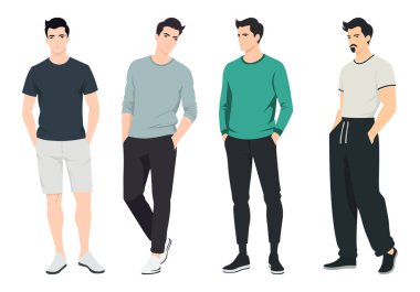 Rahat Erkekler Gündelik Tarzı. Bu çizim, şık bir dokunuşla rahat ve zahmetsiz bir görünümü temsil ediyor. Yaşam tarzı blogları, moda içeriği ve markalaşma için uygun.