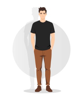 Siyah tişört ve kahverengi pantolon giyen, rahat ama şık bir poz veren modaya uygun bir genç. Gündelik kıyafetleri modern moda ve kentsel erkek giyim için mükemmel..