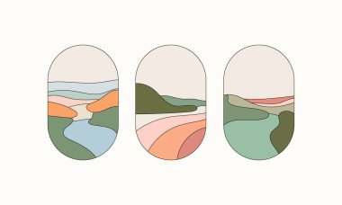 Yumuşak renklere ve detaylı organik formlara sahip soyut manzaraları tasvir eden modern vektör çizimlerinin bir derlemesi. Parmak izleri, arka planlar ve dekoratif öğeler için harika..