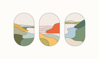 Yumuşak renklere ve detaylı organik formlara sahip soyut manzaraları tasvir eden modern vektör çizimlerinin bir derlemesi. Parmak izleri, arka planlar ve dekoratif öğeler için harika..