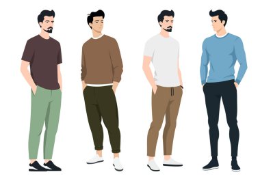 Erkeklerin Moda Koleksiyonu. Çizimde markalaşma, reklam ve moda ilhamı için mükemmel renkler, kıyafet kombinasyonları ve modern moda eğilimleri yer alıyor..