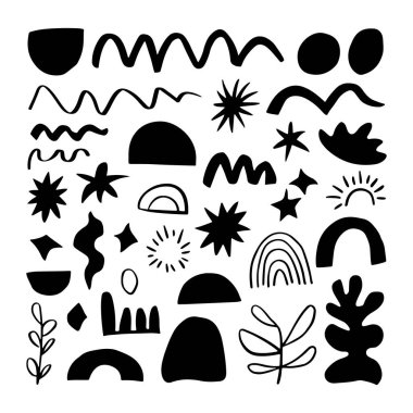 Siyah ve Beyaz Organik Doğa Elementleri Vektörü. Kusursuz kalıplar, arka planlar ve yaratıcı kompozisyonlar için ideal..