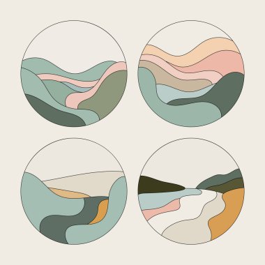 Pastel tonlu dairesel peyzaj tasarımları. Doğal formlar ve akışkan bileşimlerin yer aldığı, yumuşak pastel tonlu dairesel manzara çizimleri..