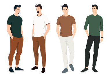 Erkeklerin Moda Koleksiyonu. Çizimde markalaşma, reklam ve moda ilhamı için mükemmel renkler, kıyafet kombinasyonları ve modern moda eğilimleri yer alıyor..