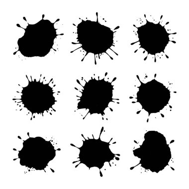 Vektör çizimi. Kaba dokulara sahip ızgara benzeri bir yapıda düzenlenmiş siyah mürekkep koleksiyonu.