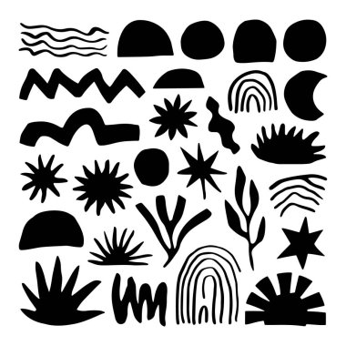 Siyah ve Beyaz Organik Doğa Elementleri Vektörü. Kusursuz kalıplar, arka planlar ve yaratıcı kompozisyonlar için ideal..