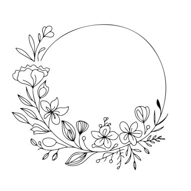 Detaylı Botanik Elementleriyle Çiçek Yuvarlak Çerçevesi. Bu düzenleme çiçekleri ve narin yaprakları içeriyor, düğün davetiyeleri, damgalama, tebrik kartları ve dekoratif için mükemmel hale getiriyor.