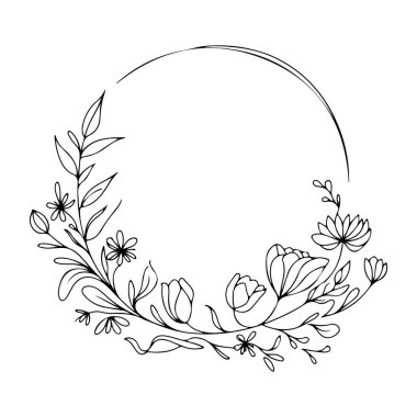 Detaylı Botanik Elementleriyle Çiçek Yuvarlak Çerçevesi. Bu düzenleme çiçekleri ve narin yaprakları içeriyor, düğün davetiyeleri, damgalama, tebrik kartları ve dekoratif için mükemmel hale getiriyor.